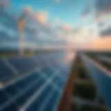 Aerial view of solar panels and wind turbines powering a cryptocurrency mining facility