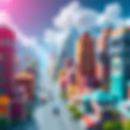 Virtual landscape of Upland game featuring vibrant city blocks